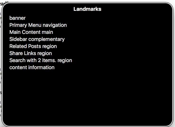 A screengrab of the VoiceOver landmarks menu showing that each landmark now has a detailed title.